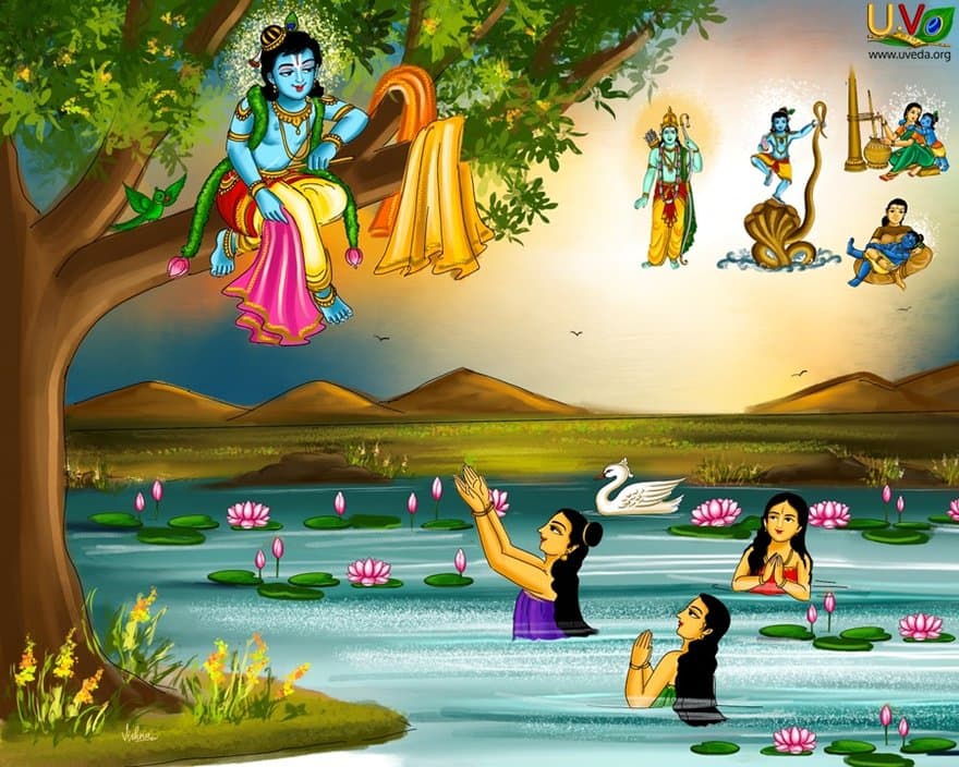 Cowherd girls asking Kannan to give back their clothes - (கோழி அழைப்பதன்)