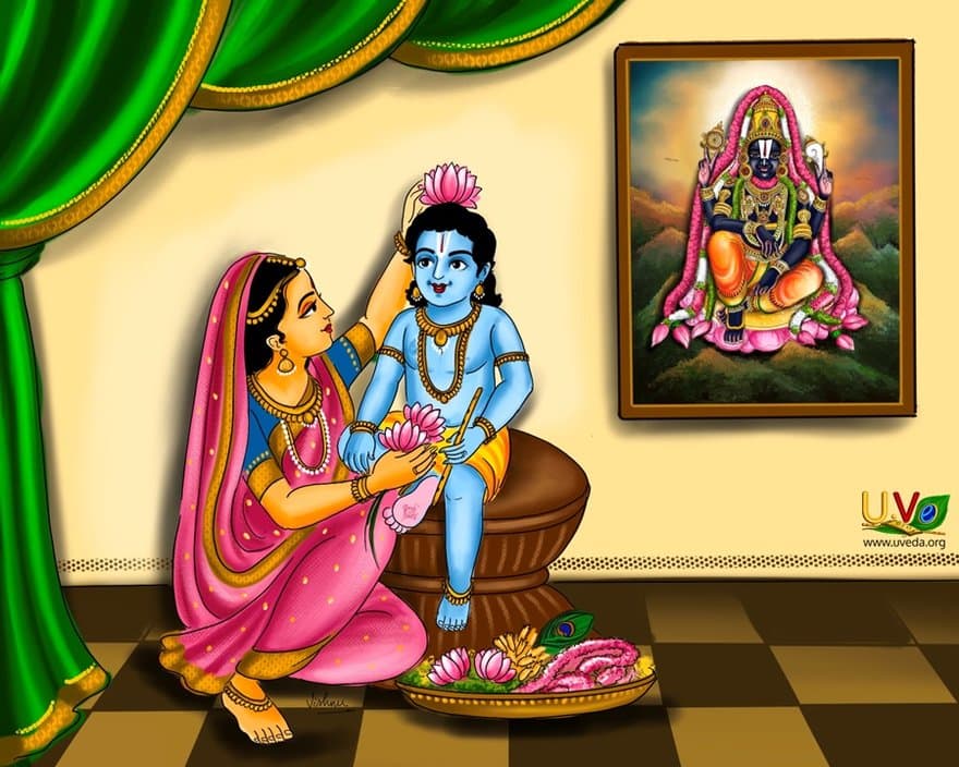 Yashoda wants to adorn Kannnan's hair with flower - (ஆனிரை மேய்க்க)