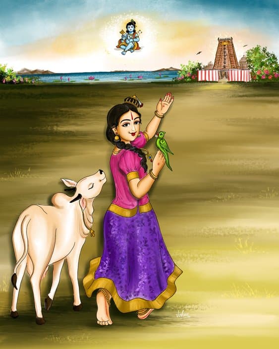 Āndāl waking up her friends, the Lord's associates and Him asking for eternal service - (மார்கழித் திங்கள்)
