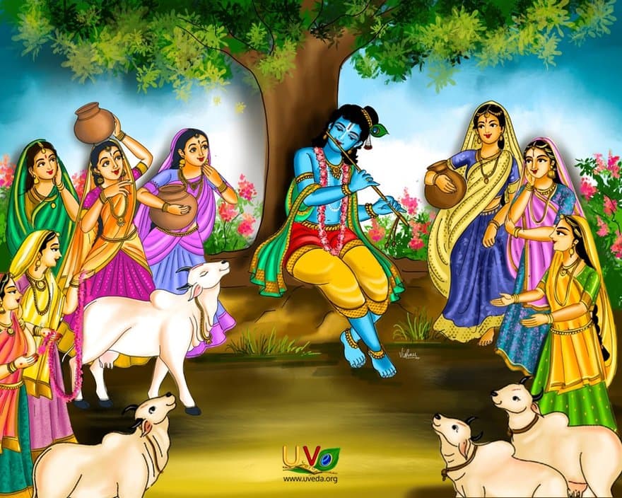 Yadava girls falling in love with Kannan as He returns with the herd - (தழைகளும் தொங்கலும்)