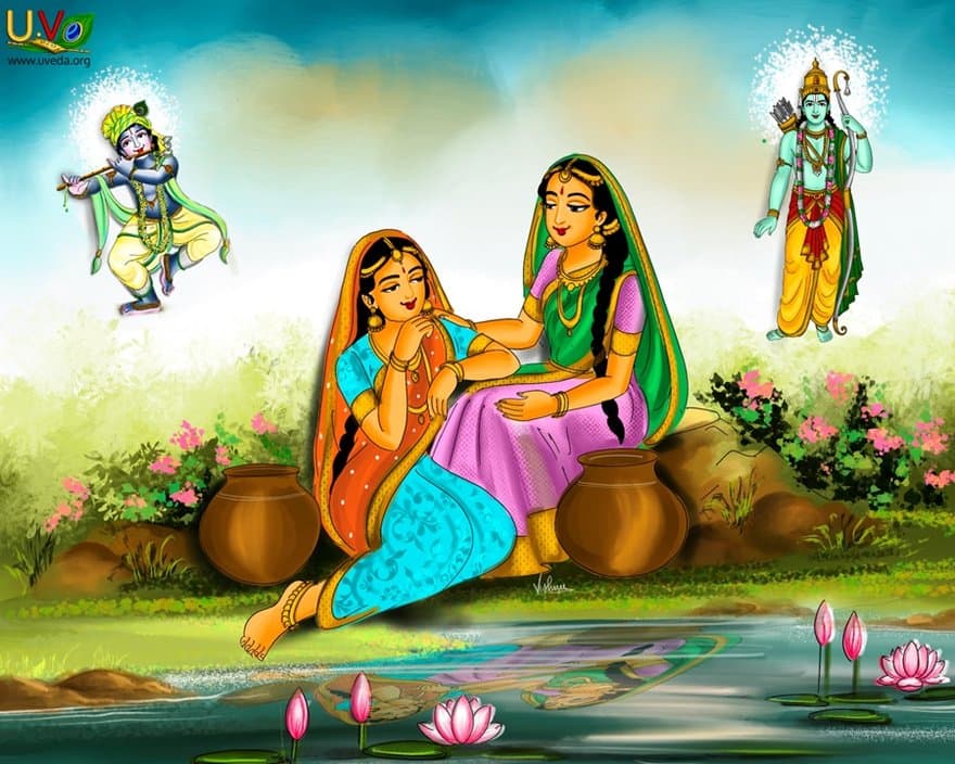 Two girls talking to each other about the glories of Lord Rama and Lord Krishna - (என் நாதன்)